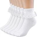 Yolev 3 Pairs Cotton Girls White School Socks White Frilly Lace Top Bows Dance Shimmering Cute Ruffle Comfortable Frilly Fashion Socks
