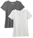 Amazon Essentials Women's 2-Pack Classic-Fit Short-Sleeve V-Neck T-Shirt, Charcoal Heather/Light Grey Heather, Large