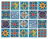 Shiv Kripa Blue Pottery Floral Decorative Flooring Wall Crafted Tabletop Interior Exterior Traditional 2 x 2 inch Tiles Pack of 20 Tiles (Sky Blue & Multi)