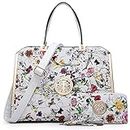 Dasein Women Large Satchel Handbag Shoulder Purse Top handle Work Bag Tote With Matching Wallet (White Flower)