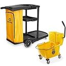 Dryser Commercial Janitorial Cleaning Cart on Wheels with Cover, Shelves and Vinyl Bag & Commercial Mop Bucket with Side Press Wringer, 26 Qt. Yellow
