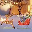 Prsildan Christmas Lighted Decoration 25" x 44" Reindeer, 50 Lights Christmas Reindeer with Sleigh & Gift Boxes, Light up Decorations for Indoor Outdoor Home Kitchen Yard Garden Holiday Party