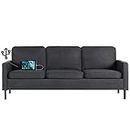 STHOUYN 72" W Fabric 3 Seater Couch with 2 USB, Comfortable Sectional Couches and Sofas for Living Room Bedroom Office Small Space, Easy Assembly & Comfy Cushion (72" 3-Seater Sofa, Dark Grey)