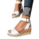 Espadrilles Wedges for Women Wide Width,Flat Wedge Ankle Buckle Sandals with Strap Fashion Summer Beach Sandals Open Toe Platform