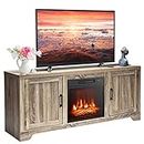 TANGKULA Fireplace Stand, for TV Up to 65", Media Storage Cabinet Console with 18"X17" 1400W 5000BTU Electric Fireplace with Remote Control, Wooden Grain