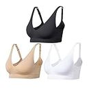 Comfyin Wireless Bras for Women Non Wired Seamless Bras with Removable Pads 3 Pack,Black+White+Beige,M