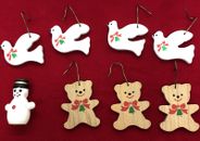 Lot of 7 Hallmark Miniature Christmas Ornaments dated 1988-Wood Teddy Bear, Dove