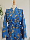 Indian Cotton Kimono Robe Sleepwear Blue Tiger Print Night Suit Kimono Robes US