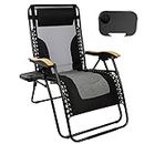 NORTHROAD Zero Gravity Chair Oversized XL Folding Recliner Lounge Chair 500lbs Capacity Lawn Chair w/Cup Holder,Adjustable Pillows,Wooden Armrest for Outdoor, Camping, Patio,Garden,Mesh-Black/Gray