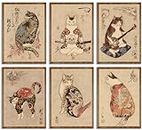6Pcs Japanese Samurai Cat Wall Art Prints of Posters Japan Bushido Decor Kung Fu Paintings Tattoo Funny Fantasy Photo Picture Canvas Poster Painting for Living Room Print Bedroom Home Artwork