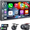 SJoyBring Upgrade Wireless Double Din Car Stereo with Apple Carplay, Android Auto, Dash Cam, Bluetooth, 4-Channel RCA, 2 Subwoofer Ports, 7" HD Capacitive Touchscreen Car Radio, 60W*4, Backup Camera