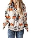SELINK Womens Fleece Jacket Western Aztec Print Long Sleeve Snap Button Down Shacket Jackets with Pockets, Grey, Large