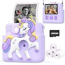 Careenoah Kids Camera Instant Print Gifts for Girls Age 4-12, Instant Camera for Kids with Unicorn Silicone Cover, 1080P Kids Digital Camera Toys for 3 4 5 6 7 8 9 10 Years Old Girls 32GB Card Lilac