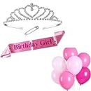 Decofy 28 Pcs Birthday Decor Combo - Birthday Girl Sash & Crown & Safety Pin Along With 25 pcs of Pink & White Balloons - Perfect Gift For Girls & Womens