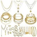 CONGYING 34 PCS Gold Color Jewelry Set with 3 Necklace, 10 Bracelet, 12PCS Ear Cuffs Earring, 9 Pcs Knuckle Rings For Women Girls Valentine Anniversary