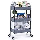TOOLF 3 Tier Rolling Cart, Metal Utility Cart No Screw, Easy Assemble Utility Serving Cart, Sturdy Storage Trolley with Handles & Lockable Wheels for Kitchen Garage Home Bedroom Bathroom, Grey