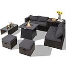 Tangkula 9 Pieces Patio Furniture Set with 30” Propane Fire Pit Table, Outdoor PE Wicker Sectional Sofa Set with Storage Box, 50,000 BTU Gas Fire Pit Table with 2 Protective Covers
