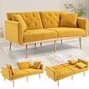 Sofá Loveseat de terciopelo, sofá convertible de estilo futón, sofá reclinable acento, patas metálicas doradas, 2 cojines de sofá, modernos sofás para casa, salón, dormitorio, diseño amarillo