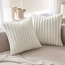 MIULEE White Throw Pillow Covers 18x18 Inch Set of 2 Fuzzy Striped Soft Pillowcase with Velvet Back Faux Rabbit Fur Cushion Covers Christmas Decorative Home Pillows for Sofa Couch Bedroom Car