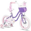 Glerc Daisy 16 Inch Girls Bike Ages 4 5 6 7 8 Years Old Kids Bicycle Princess Style with Training Wheels & Basket & Streamers & Bell for Birthday, Purple