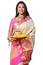 SGF11 Women's Kanjivaram Pure Soft Silk Handloom Saree Pure Golden Zari With Blouse Piece, White, 5.5 meters