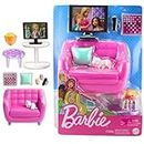 Barbie Indoor Furniture Playset, Living Room Includes Kitten, Furniture and Accessories for Movie and Game Night