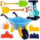 Kids Wheelbarrow Garden Toy Beach Sand Toy with Watering Can, Shovel, Sand Mill, Sand Mould Outdoor Sand Toy Gift for Kids Blue