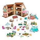 Li’l Woodzeez – Deluxe Honeysuckle Hillside Cottage - 123 Pcs Dollhouse Playset Including Furnitures, 8 Figures & More Accessories - Pretend Play for Ages 3+