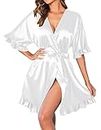 Ekouaer Silk Robe Satin Ruffle Short Bride Robe Party Wedding Bridesmaid Pajama Lounge Bathrobe Sleepwear White M