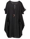 FTCayanz Femme T-Shirt Robe Manches Courtes Lin Coton Tunique Ample Casuel avec Grande Poches Noir M