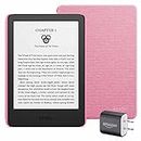Kindle Essentials Bundle including Kindle (2022 release) - Black, Fabric Cover -Rose, and Power Adapter