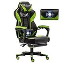 Bonzy Home Gaming Chair for Adults with Footrest and Massage, Racing Style Gamer Chairs with Headrest and Lumbar Pillow, Ergonomic PC Game Chair Height Adjustable for Kids Boys Teens, Green