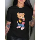Camiseta con estampado de oso pequeño para mujer Top informal de manga corta con cuello redondo