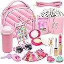 Kids Pretend Play Little Girl Purse Accessories, Toddler Girl Princess Toy Cell Phone Pretend Makeup Handbag Wallet Sunglasses Keys Credit Card Water Bottle Birthday Gifts Toys Age 4 5 6 7 8