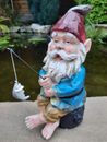 Garden Gnome Fishing & Rod + Fish on LOG 23cm Novelty Gift Present - FATHERS DAY