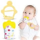 Vicloon Baby Teething Set,2Pcs Teething Mittens for Baby,Includes Baby Chew Toy and Teething Glove, Silicone Mitten Teether Glove,Infant Soothing Pain Relief Mitt Baby Teether Mits for Baby (Yellow)