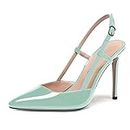 WAYDERNS Women's Turquoise 4 Inch Pointed Toe Patent Stiletto High Heel Solid Ankle Strap Buckle Pumps Shoes Size 12 - Zapatos de Tacon para Mujer Elegantes