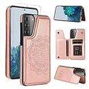 Anyisposs Phone Case for Samsung Galaxy S21 Plus 5G Wallet Case with Tempered Glass Screen Protector Card Holder Slots Stand Cover Flip Cases Gaxaly S21+5G S21plus 21S + S 21 21+ G5 -G996U Rose Gold