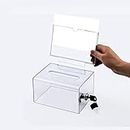 Urna de donación acrílica con cerradura, caja de sugerencias segura, perfecta para tarjetas de visita (6.25 x 4.5 x 4 pulgadas), transparente