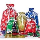 DECORLIFE Christmas Bags for Gifts, 30PCS Drawstring Christmas Gift Bags, Assorted Sizes for Presents, 5 Designs and 4 Size (Extra Large, Large, Medium, Small), Xmas Wrapping Bags Bulk for Holiday Goody