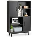 Giantex Storage Cabinet with Legs, Floor Cabinet with Doors, Shelves, Anti-Tipping Device, 4-Tier Bookshelf for Books & Photos, Tall Cupboard in Bedroom, Living Room, Kitchen Buffet Sideboard (Black)