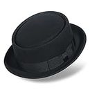 Pork Pie Hats for Men/Women, 100% Wool Felt Hat Stout Porkpie Breaking Bad Hat Flat Top Fedora Hats Boater Derby Crushable, Black + Black, 7-7 1/8