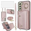 Phone Case for Samsung Galaxy S21 FE 5G Wallet Cover with Screen Protector and Ring Stand Credit Card Holder Slot Crossbody Strap Cell S 21 EF S21FE5G UW S21FE 21S G5 6.4 inch Women Girl Men Rose gold
