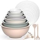 AIKKIL Mixing Bowls Set with Lids- Plastic Nesting Salad Bowls Set, Includes 6PCS Mixing Bowls, 2PCS Fork, 4PCS Measuring Spoons,6PCS Lids, Ideal for Mixing & Serving (Khaki Gradient, 18)