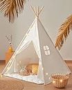 Tiny Land Large Kids Teepee Tent with Padded Mat & Light String & Carry Case-Kids Foldable Play Tent -Toys for 3,4,5,6 Year Old Girls and Boys , White Canvas Teepee Indoor Outdoor Games Playhouse