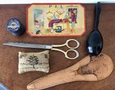 Vtg Sewing Notions Supplies, Clauss Scissors, Pin Cushion, Darning Egg, Needles
