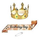 Decofy Birthday Boy Sash & Crown With Pin- Set of 3 Birthday Boy Sash & King Crown | Golden Sash of Birthday Boy For Kids, Mens