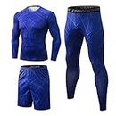 Herren 3 Stück Workout Kleidung Outfit Fitness Bekleidung Laufanzüge Kompressionshose Langarm Shirt Laufshorts Blau XL