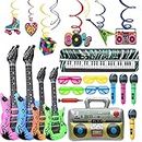 Inflatable Party Props,21PCS Inflatable Guitar Microphones Piano Musical Instruments Accessories Party Favors with Hanging Swirls,Inflatable Rock Star Toy Set 80s Party Decoration,with Air Pump