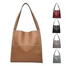 Solid Color Simple Genuine Leather Shoulder Bag, 2024 New Large Capacity Tote Bags with Multi Pocket for Women Fashionable All-Match Shoulder Crossbody Purses Handbag (Khaki)